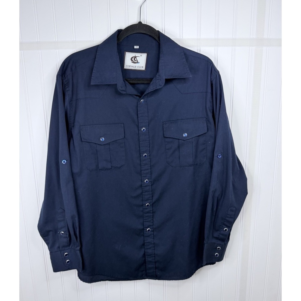 Coevals Club Men's Western Pearl Snap Medium Dress Shirt Wear Dark Blue